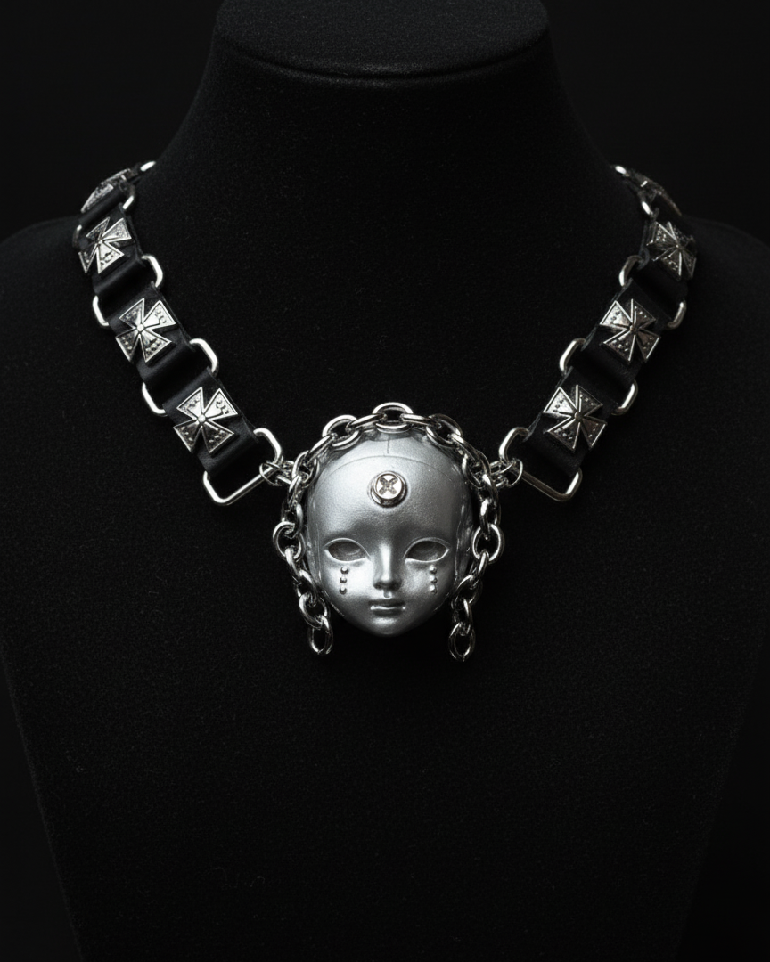 Cyber Silver Doll Head Choker