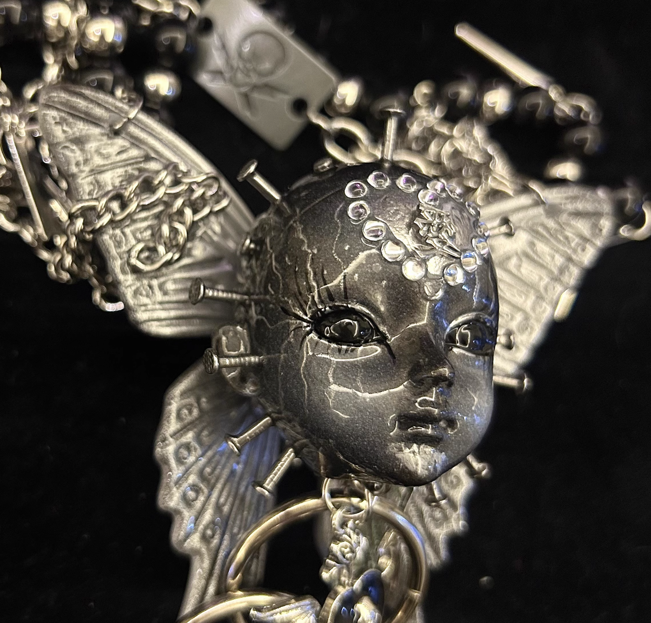 Metallic Butterfly Doll Head Necklace