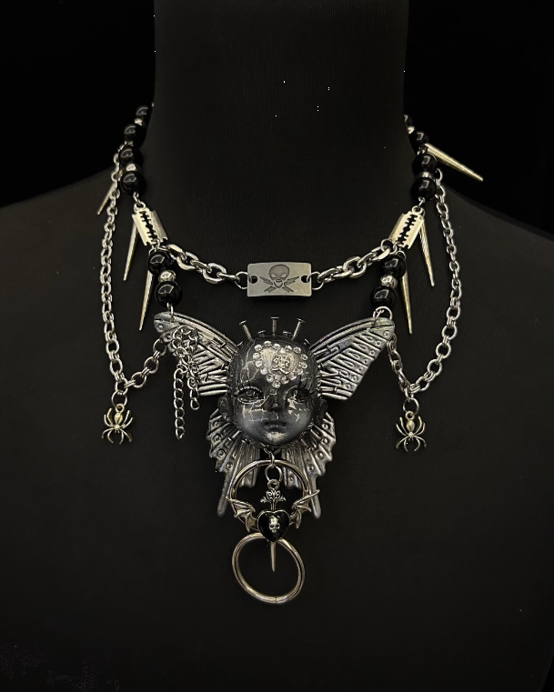 Metallic Butterfly Doll Head Necklace